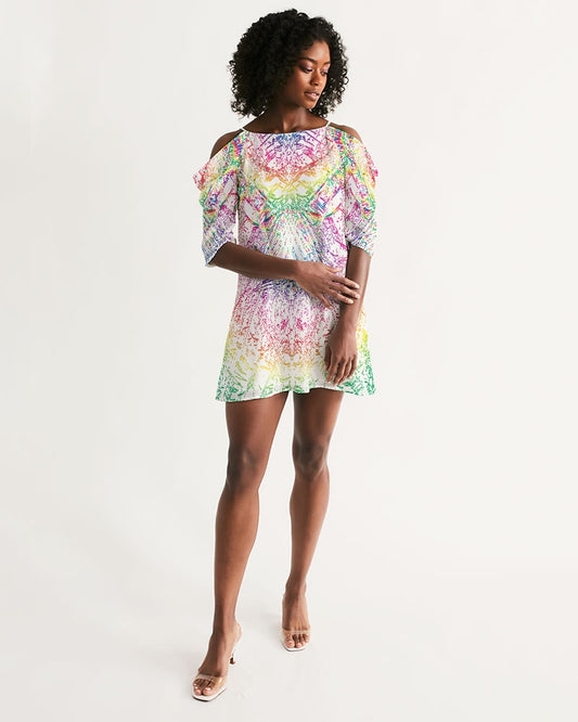 Palm Salad :: Rainbow :: Women's Open Shoulder A-Line Dress